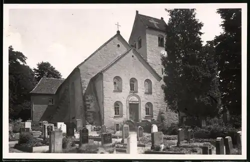 Fotografie Brück & Sohn Meissen, Ansicht Naunhof i. Sa., Blick auf Kirche mit Friedhof