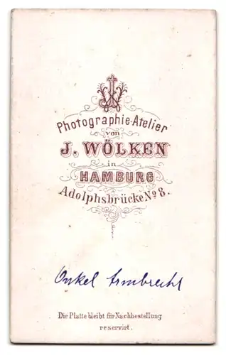 Fotografie J. Wölken, Hamburg, Adolphsbrücke 8, Älterer Mann mit Vollbart und Fliege