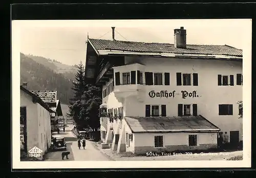 AK Söll, Strassenpartie am Gasthaus Post