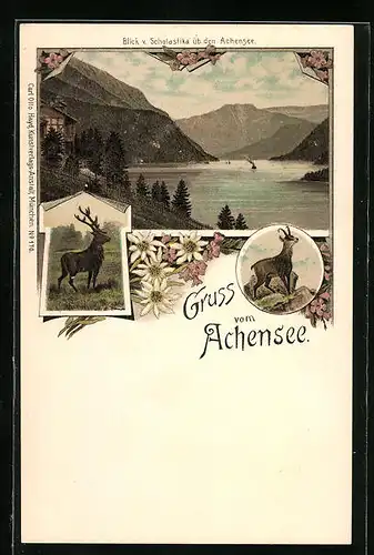 Lithographie Achensee, Blick von Scholastika über den See