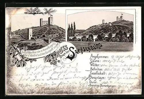 Lithographie Sachsenburg, Blick zur Burg, Mehrfachansicht