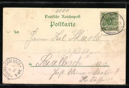 Lithographie Frankfurt a. M., Markthalle, Innenansicht mit Obstverkäuferin