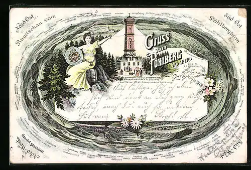 Lithographie Pöhlberg b. Annaberg, Aussichtsturm auf dem Pöhlberg, Rundschau mit Hassberg, Reischberg und Hohenstein