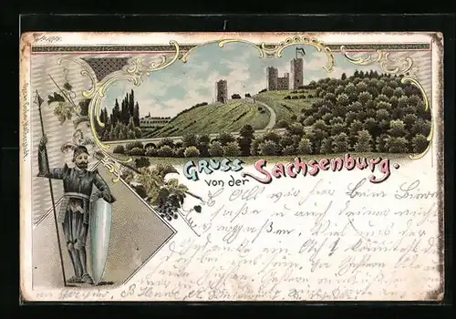 Lithographie Sachsenburg, Blick zur Burgruine, Ritter mit Speer und Schild