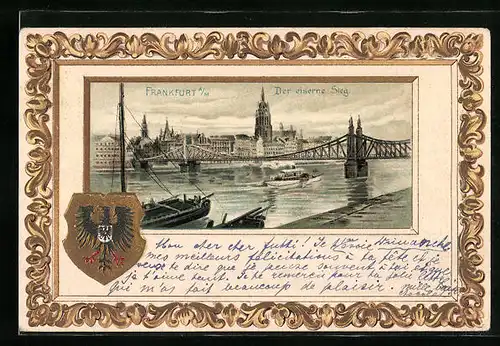 Passepartout-Lithographie Alt-Frankfurt, Der eiserne Steg mit Dampfer, Wappen