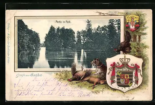 Passepartout-Lithographie Gotha, Partie im Park, Jagdhund mit erlegtem Wild, Wappen