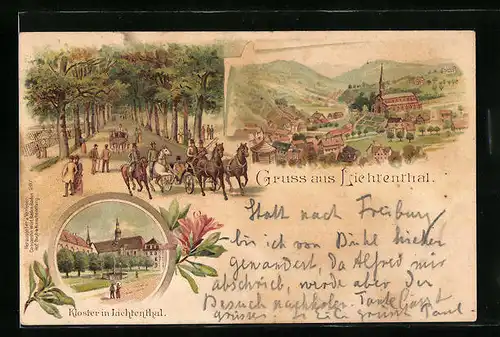 Lithographie Baden-Baden, Lichtenthal, Kloster, Pferdewägen auf Strasse im Park