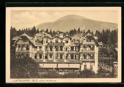 AK Igls, Hotel Maximilian aus der Vogelschau