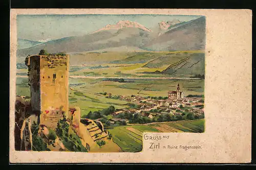 Lithographie Zirl, Ortsansicht mit Ruine Fragenstein