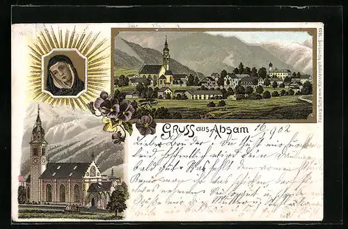 Lithographie Absam, Teilansicht mit Kirche, Mariendarstellung