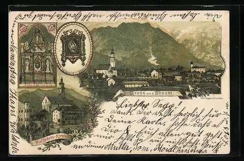 Lithographie Absam, Wallfahrts-Kirche, Altar mit Marienbild