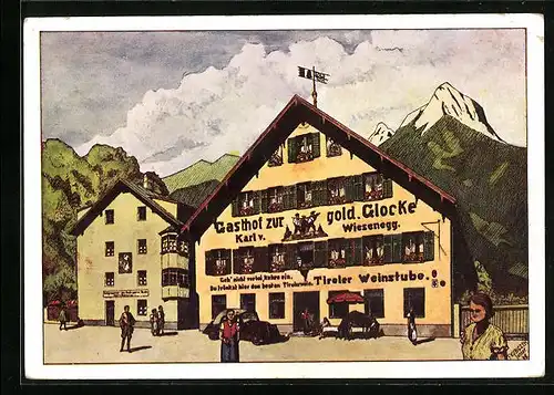 Künstler-AK Reutte, Grossgasthof Goldene Glocke