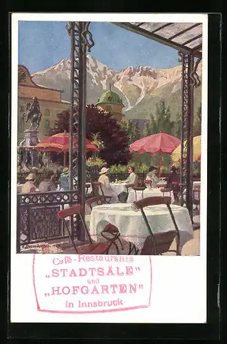 Künstler-AK Innsbruck, Stadtsaalterrasse mit Blick zur Nordkette