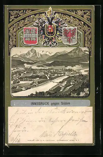 Präge-AK Innsbruck, Panoramablick auf Stadt und Berge, Wappen