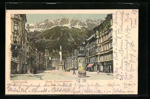 AK Innsbruck, Maria Theresienstrasse mit Denkmal und Litfasssäule