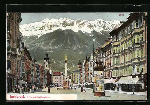 AK Innsbruck, Theresienstrasse mit Geschäften, Denkmal und Litfasssäule