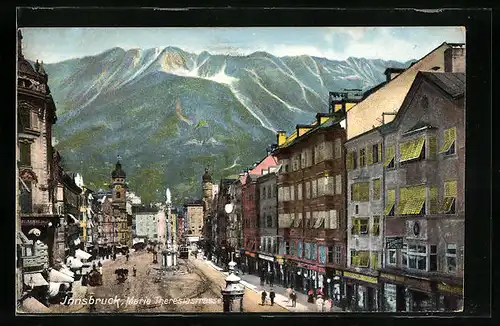 AK Innsbruck, Maria Theresiastrasse mit Geschäften und Denkmal