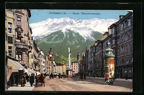 AK Innsbruck, Maria Theresienstrasse mit Denkmal und Litfasssäule