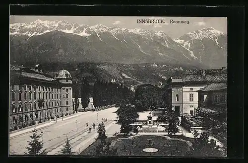 AK Innsbruck, Strasse Rennweg mit Cafe und Denkmal