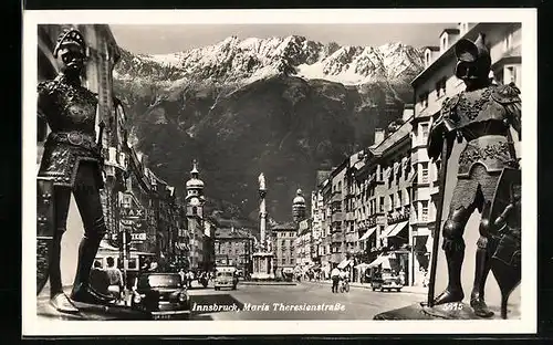 AK Innsbruck, Maria Theresienstrasse mit Cafe, Denkmal und Ritterstatuen