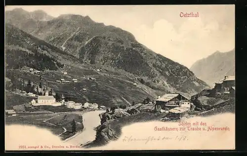 AK Sölden /Oetzthal, Teilansicht mit den Gasthäusern zur Traube u. Alpenverein