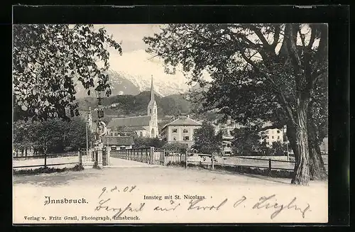 AK Innsbruck, Strasse Innsteg mit Kirche St. Nicolaus