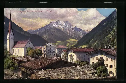 AK Mayrhofen im Zillertal, Ortspartie mit Kirche