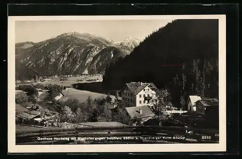 AK Mayrhofen, Ortspartie mit Gasthaus Hochsteg gegen Hochfeld und Brandberger Kolm