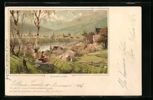 Lithographie Innsbruck, Uferpartie mit Ausflüglern