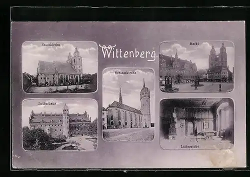 Passepartout-AK Wittenberg, Markt, Lutherstube, Schlosskirche