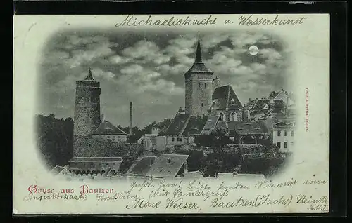 Mondschein-AK Bautzen, Blick auf die Michaeliskirche