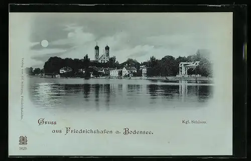 Mondschein-AK Friedrichshafen am Bodensee, Ortsansicht mit dem Kgl. Schloss