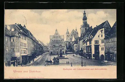 AK Eisleben, Marktplatz mit Lutherdenkmal und Andreaskirche