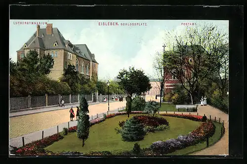 AK Eisleben, Postamt, Schlossplatz und Luthergymnasium