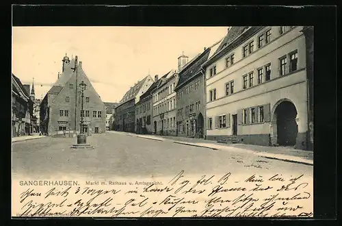 AK Sangerhausen, Markt mit Geschäften, Rathaus und Amtsgericht