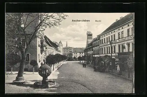AK Aschersleben, Markt mit Geschäften und Brunnen