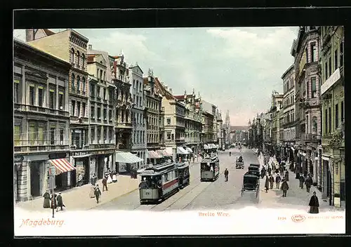 AK Magdeburg, Strasse Breiteweg mit Geschäften und Strassenbahn