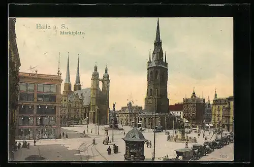 AK Halle a. S., Marktplatz mit Geschäften, Kirche und Denkmal