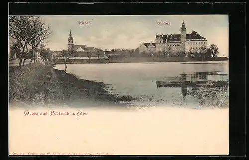 AK Pretzsch a. Elbe, Uferpartie mit Schloss und Kirche