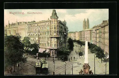 AK Magdeburg, Hasselbachplatz mit Denkmal und Strassenbahn