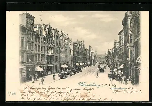 AK Magdeburg, Strasse Breiteweg mit Geschäften