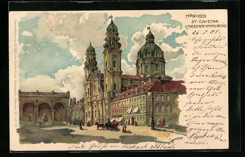 Lithographie München, St. Cajetan Theatiner Hofkirche