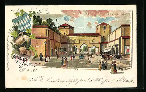 Lithographie München, Sendlinger Tor mit Strassenbahn