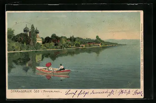 Künstler-AK Ammerland, Schloss Ammerland und Starnberger See mit Boot