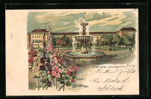 Lithographie München, Universität mit Brunnen