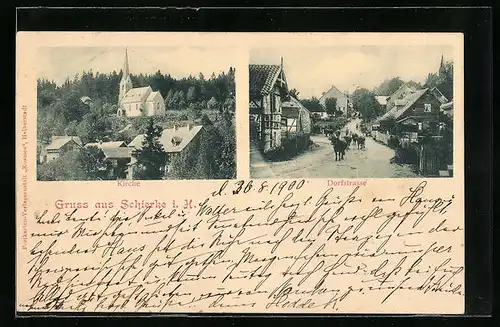 AK Schierke i. H., Kirche, Dorfstrasse mit Rinderherde