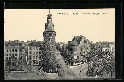 AK Halle a. S., Leipziger Strasse mit Gasthaus Automat und Leipziger Turm