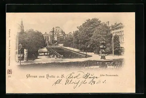 AK Halle a. S., Alte Promenade mit Brunnen und Litfasssäule