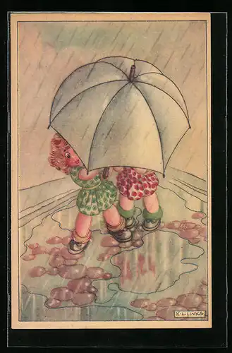 Künstler-AK Karel L. Links: Zwei Mädchen unterm Regenschirm