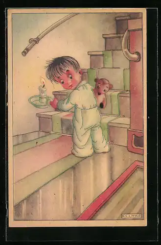 Künstler-AK Karel L. Links: Kleiner Junge im Pyjama mit Teddy